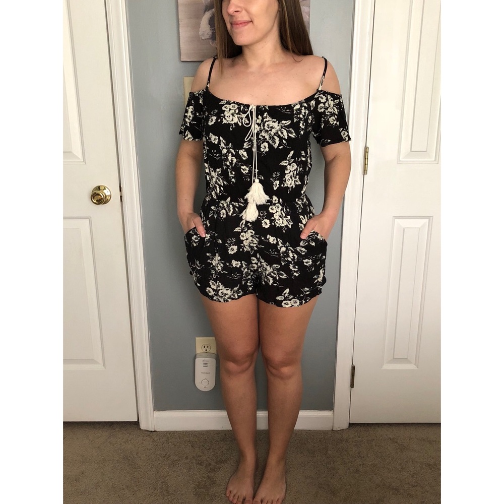 Black and white floral cold shoulder romper